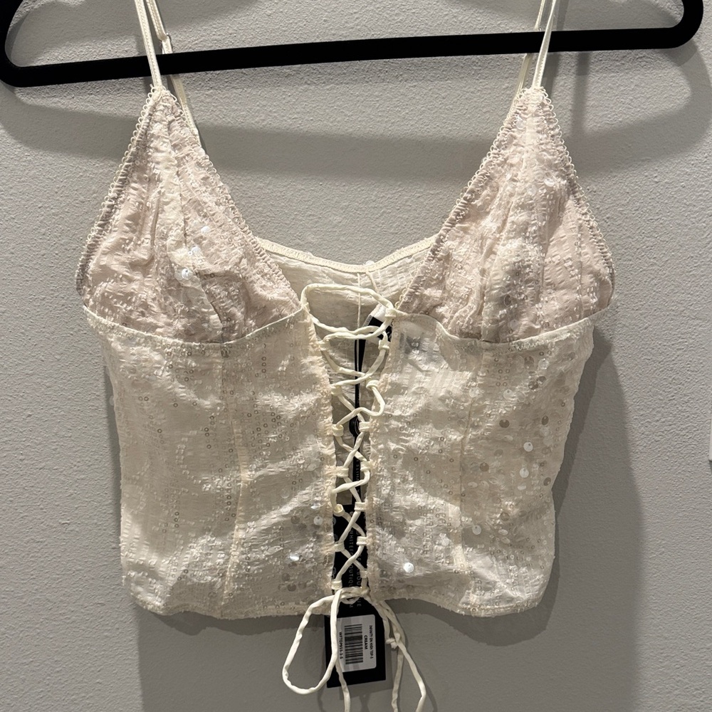 Cream Sequin Lace-Up Crop Top White Fox NWT
